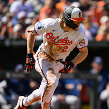 Sep 8, 2024; Baltimore, Maryland, USA; Baltimore Orioles shortstop Gunnar Henderson (2) hits a single during the seventh inning against the Tampa Bay Rays at Oriole Park at Camden Yards.