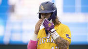 Jun 2, 2024; Chapel Hill, NC, USA;  Louisiana State Tigers third baseman Tommy White (47) reacts to getting a base hit in the fifth inning against the North Carolina Tar Heels during the Div. I NCAA baseball regional at Boshamer Stadium. 