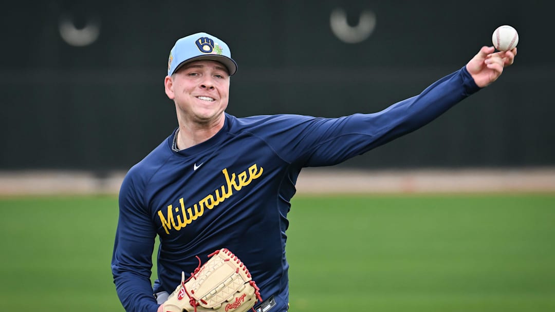 Milwaukee Brewers pitcher Kyle Harrison throws in the outfield during spring training workouts Monday, February 16, 2026, at American Family Fields of Phoenix in Phoenix, Arizona. Milwaukee Brewers pitcher Kyle Harrison throws in the outfield during spring training workouts Monday, February 16, 2026, at American Family Fields of Phoenix in Phoenix, Arizona.