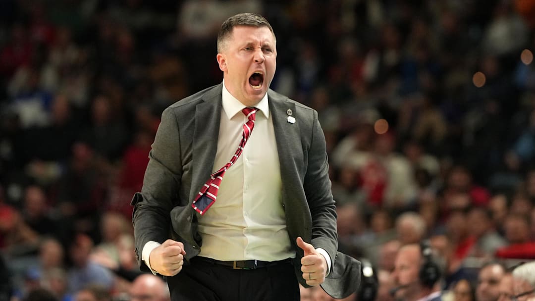 Mar 19, 2026; Greenville, SC, USA; Ohio State Buckeyes head coach Jake Diebler reacts against the Texas Christian University Horned Frogs in the second half during a first round game of the men's 2026 NCAA Tournament at Bon Secours Wellness Arena. Mandatory Credit: Bob Donnan-Imagn Images