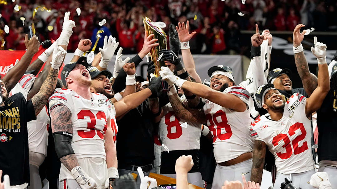 Ohio State Buckeyes celebrate their 34-23 win over Notre Dame Fighting Irish to win the College Football Playoff National Championship at Mercedes-Benz Stadium in Atlanta on January 20, 2025.