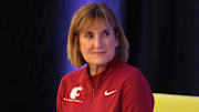 Oct 25, 2022; San Francisco, CA, USA; Washington State Cougars coach Kamie Ethridge reacts during Pac-12 Women's Basketball Media Day at the Pac-12 Network Studios. Mandatory Credit: Kirby Lee-Imagn Images