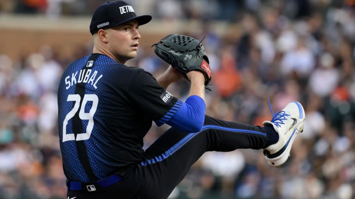 Jul 12, 2024; Detroit, Michigan, USA; Detroit Tigers starting pitcher Tarik Skubal (29) throws a pitch against the Los Angeles Dodgers designated hitter Shohei Ohtani (not pictured) in the fifth inning at Comerica Park. 