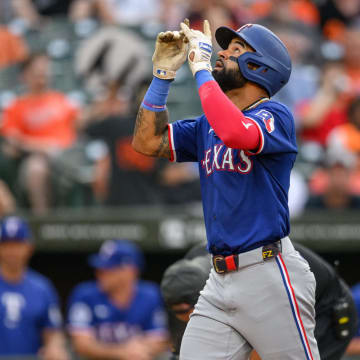 Jun 30, 2024; Baltimore, Maryland, USA; Texas Rangers outfielder Derek Hill (40) celebrates after hitting a home run during the second inning against the Baltimore Orioles at Oriole Park at Camden Yards. Mandatory Credit: Reggie Hildred-USA TODAY Sports