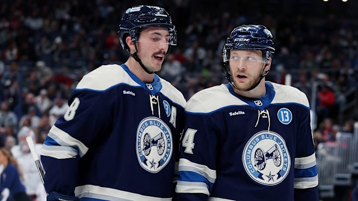 Dec 12, 2024; Columbus, Ohio, USA;  Columbus Blue Jackets defenseman Zach Werenski (8) celebrates his goal with right wing Mathieu Olivier (24) during the second period against the Washington Capitals at Nationwide Arena. Mandatory Credit: Joseph Maiorana-Imagn Images