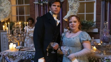 Bridgerton. (L to R) Luke Newton as Colin Bridgerton, Nicola Coughlan as Penelope Featherington in episode 302 of Bridgerton. Cr. Liam Daniel/Netflix © 2023