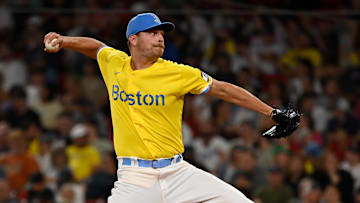 Aug 8, 2023; Boston, Massachusetts, USA; Boston Red Sox relief pitcher Nick Robertson (73) pitches against the Kansas City Royals during the seventh inning at Fenway Park. Mandatory Credit: Eric Canha-Imagn Images