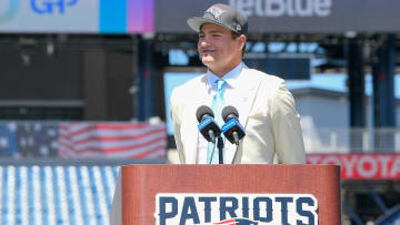 Apr 26, 2024; Foxborough, MA, USA; New England Patriots first round draft pick Drake Maye speaks to media on the game field at Gillette Stadium. Mandatory Credit: Eric Canha-USA TODAY Sports