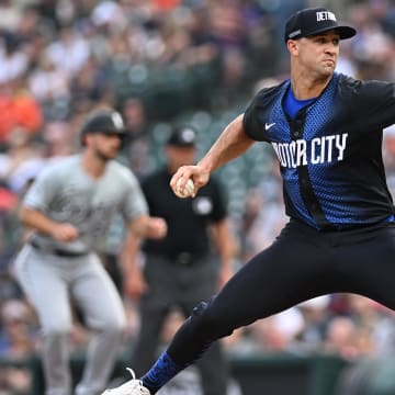 Jun 21, 2024; Detroit, Michigan, USA; Detroit Tigers starting pitcher Jack Flaherty (9) throws a pitch against the Chicago White Sox in the second inning at Comerica Park.