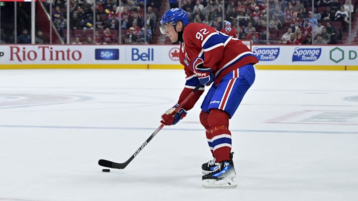 Sep 23, 2024; Montreal, Quebec, CAN; Montreal Canadiens forward Patrik Laine (92) plays the puck against the Philadelphia Flyers during the second period at the Bell Centre. Mandatory Credit: Eric Bolte-Imagn Images