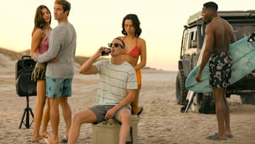 Outer Banks. (L to R) Mia Challis as Ruthie, Austin North as Topper, Drew Starkey as Rafe, Fiona Palomo as Sofia, Deion Smith as Kelce in episode 404 of Outer Banks. Cr. Jackson Lee Davis/Netflix © 2024
