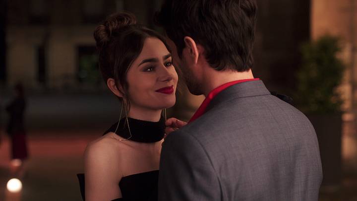 Emily in Paris. (L to R) Lily Collins as Emily, Eugenio Franceschini as Marcello in episode 408 of Emily in Paris