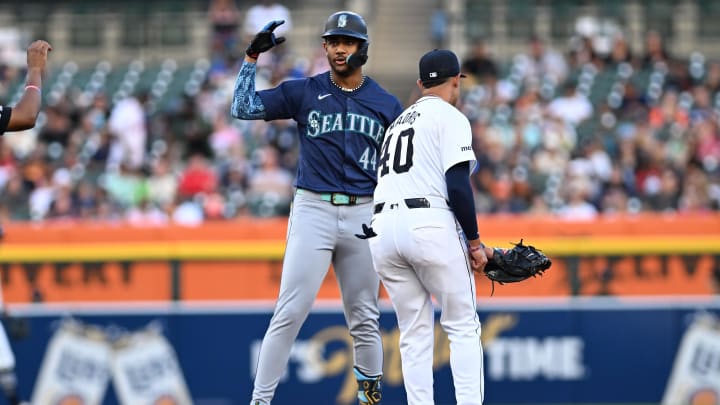 Seattle Mariners designated hitter Julio Rodriguez celebrates after hitting a double against the Detroit Tigers on Aug. 13 at Comerica Park.