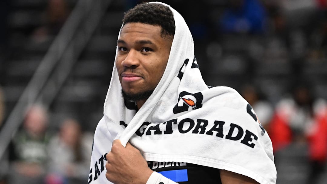 Dec 3, 2024; Detroit, Michigan, USA; Milwaukee Bucks forward Giannis Antetokounmpo (34) walks off the court after their win over the Detroit Pistons at Little Caesars Arena.