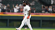 Aug 14, 2024; Detroit, Michigan, USA;  Detroit Tigers outfielder Akil Baddoo (60) celebrates at second base after hitting a game-winning walk-off double against the Seattle Mariners in the tenth inning at Comerica Park. Mandatory Credit: Lon Horwedel-Imagn Images