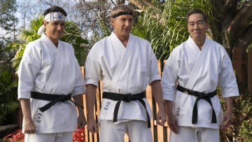 Cobra Kai. (L to R) Ralph Macchio as Daniel LaRusso, William Zabka as Johnny Lawrence, Yuji Okumoto as Chozen in Cobra Kai. Cr. Curtis Bonds Baker/Netflix © 2024