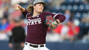 Mississippi State pitcher Khal Stephen (14) pitches against Ole Miss at Swayze Field in Oxford, Miss., on Friday, Apr. 12, 2024.