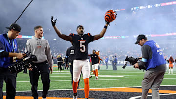 Dec 28, 2024; Cincinnati, Ohio, USA;  Cincinnati Bengals wide receiver Tee Higgins (5) celebrates following the overtime win against the Denver Broncos at Paycor Stadium. Mandatory Credit: Joseph Maiorana-Imagn Images