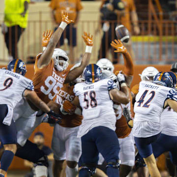 Sep 17, 2022; Austin, Texas, USA; UTSA Roadrunners kicker Jared Sackett (42) kicks a field goal against the Texas Longhorns during the third quarter at Darrell K Royal-Texas Memorial Stadium. Mandatory Credit: John Gutierrez-Imagn Images