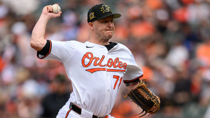 May 19, 2024; Baltimore, Maryland, USA; Baltimore Orioles pitcher Jacob Webb (71) throws a pitch during the seventh inning against the Seattle Mariners at Oriole Park at Camden Yards