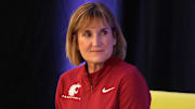 Oct 25, 2022; San Francisco, CA, USA; Washington State Cougars coach Kamie Ethridge reacts during Pac-12 Women's Basketball Media Day at the Pac-12 Network Studios. Mandatory Credit: Kirby Lee-Imagn Images