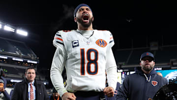 Chicago Bears quarterback Caleb Williams (18) celebrates after the game against the Philadelphia Eagles at Lincoln Financial Field.
