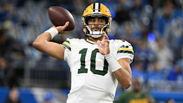 Dec 5, 2024; Detroit, Michigan, USA; Green Bay Packers quarterback Jordan Love (10) throws passes during pregame warmups before their game against the Detroit Lions at Ford Field. Mandatory Credit: Lon Horwedel-Imagn Images