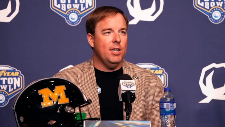 Dec 28, 2023; Arlington, Texas, USA; Missouri Tigers head coach Eliah Drinkwitz speaks during a press conference prior to the Goodyear Cotton Bowl Classic at AT&T Stadium.
