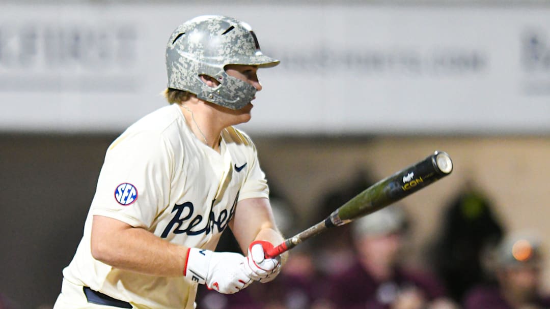 Ole Miss designated hitter Will Furniss (35) gets a single against Mississippi State at Swayze Field in Oxford, Miss., on Friday, Apr. 12, 2024.