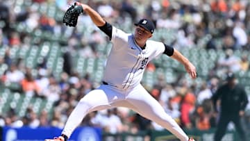 Apr 27, 2025; Detroit, Michigan, USA;  Detroit Tigers starting pitcher Tarik Skubal (29) throws a pitch against the Baltimore Orioles in the first inning at Comerica Park.