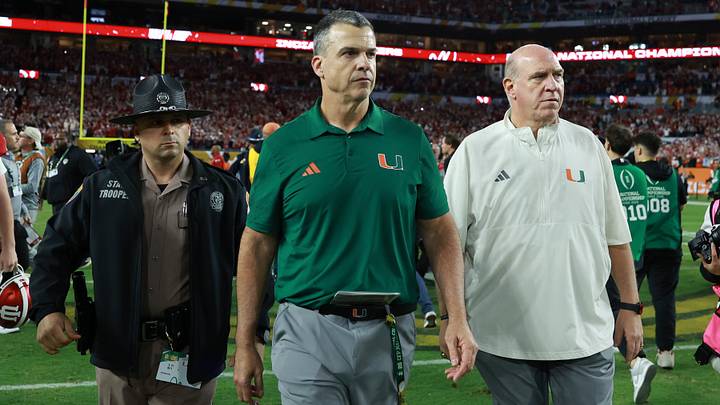 Jan 19, 2026; Miami Gardens, FL, USA; Miami Hurricanes head coach Mario Cristobal reacts after the College Football Playoff National Championship game at Hard Rock Stadium. Mandatory Credit: Mark J. Rebilas-Imagn Images