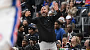 Jan 1, 2025; Detroit, Michigan, USA;  Detroit Pistons head coach JB. Bickerstaff yells instructions to his team against the Orlando Magic in the second quarter at Little Caesars Arena. Mandatory Credit: Lon Horwedel-Imagn Images