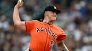 Aug 19, 2025; Detroit, Michigan, USA;  Houston Astros starting pitcher Hunter Brown (58) throws a pitch against the Detroit Tigers in the first inning at Comerica Park.