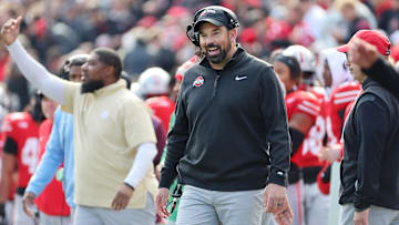 Nov 1, 2025; Columbus, Ohio, USA; Ohio State Buckeyes head coach Ryan Day reacts during the third quarter against the Penn State Nittany Lions at Ohio Stadium. Mandatory Credit: Joseph Maiorana-Imagn Images