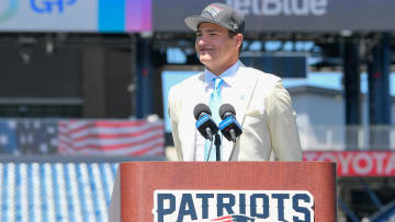 Apr 26, 2024; Foxborough, MA, USA; New England Patriots first round draft pick Drake Maye speaks to media on the game field at Gillette Stadium. Mandatory Credit: Eric Canha-USA TODAY Sports