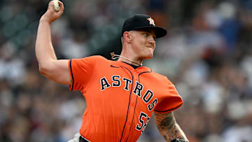 Aug 19, 2025; Detroit, Michigan, USA;  Houston Astros starting pitcher Hunter Brown (58) throws a pitch against the Detroit Tigers in the first inning at Comerica Park.