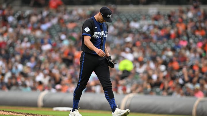 Jun 21, 2024; Detroit, Michigan, USA; Detroit Tigers starting pitcher Jack Flaherty (9) walks off the field after being pulled from the game against the Chicago White Sox in the sixth inning at Comerica Park.