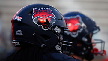 Oct 7, 2021; Jonesboro, Arkansas, USA; Arkansas State Red Wolves Helmet at Centennial Bank Stadium. Mandatory Credit: Petre Thomas-Imagn Images