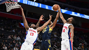 Dec 11, 2023; Detroit, Michigan, USA;  Indiana Pacers forward Isaiah Jackson (22) (center) gets
