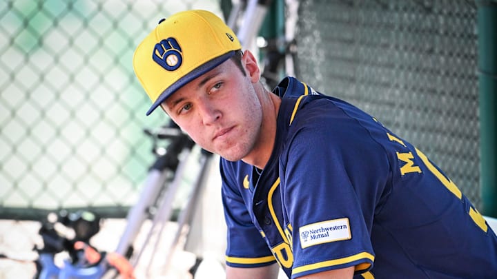 Milwaukee Brewers pitcher Jacob Misiorowski sits in the dugout during spring training workouts Tuesday, February 18, 2025, at American Family Fields of Phoenix in Phoenix, Arizona.
