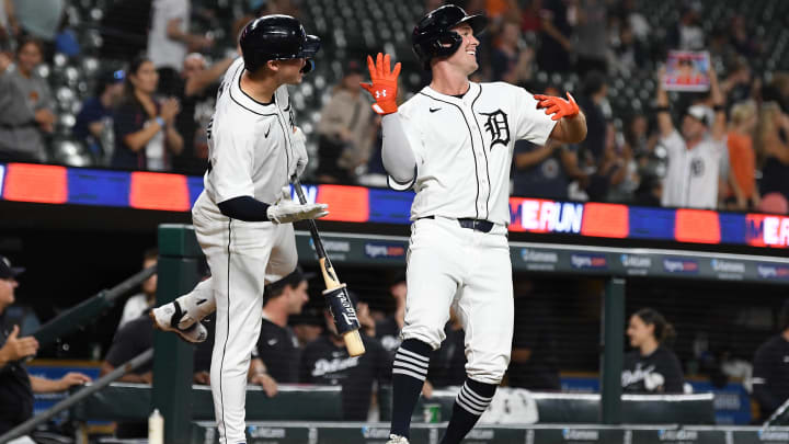 Aug 27, 2024; Detroit, Michigan, USA; Detroit Tigers designated hitter Kerry Carpenter (30) celebrates with first baseman Spencer Torkelson (20) after hitting a two-run home run against the Los Angeles Angels in the sixth inning at Comerica Park.