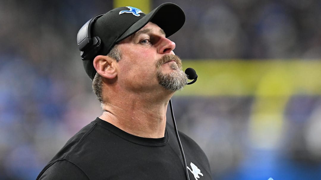 Dec 15, 2024; Detroit, Michigan, USA; Detroit Lions head coach Dan Campbell reacts after the Buffalo Bills scored a touchdown on their first play after recovering an onside kick attempt by the Lions in the fourth quarter at Ford Field. Mandatory Credit: Lon Horwedel-Imagn Images