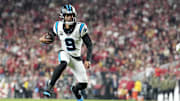 Nov 24, 2025; Santa Clara, California, USA; Carolina Panthers quarterback Bryce Young (9) rushes the ball against the San Francisco 49ers during the first half at Levi's Stadium. Mandatory Credit: Kyle Terada-Imagn Images
