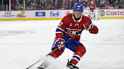 Apr 8, 2025; Montreal, Quebec, CAN; Montreal Canadiens forward Patrik Laine (92) puts on the brakes during the second period of the game against the Detroit Red Wings at the Bell Centre. Mandatory Credit: Eric Bolte-Imagn Images