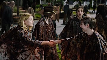 Chandler Riggs as Carl Grimes, Alexandra Breckenridge as Jessie Anderson, and Austin Abrams as Ron- The Walking Dead _ Season 6, Episode 9 - Photo Credit: Gene Page/AMC