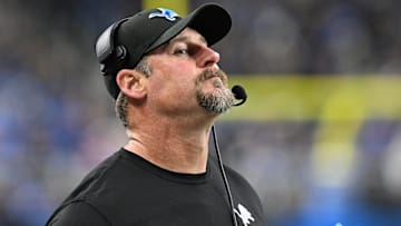 Dec 15, 2024; Detroit, Michigan, USA; Detroit Lions head coach Dan Campbell reacts after the Buffalo Bills scored a touchdown on their first play after recovering an onside kick attempt by the Lions in the fourth quarter at Ford Field. Mandatory Credit: Lon Horwedel-Imagn Images