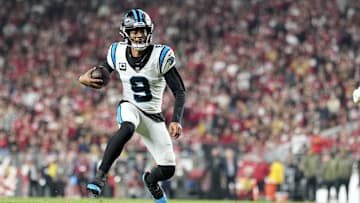 Nov 24, 2025; Santa Clara, California, USA; Carolina Panthers quarterback Bryce Young (9) rushes the ball against the San Francisco 49ers during the first half at Levi's Stadium. Mandatory Credit: Kyle Terada-Imagn Images