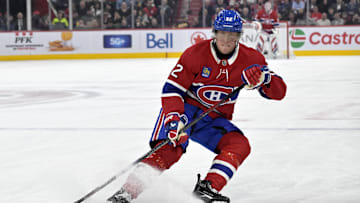 Apr 8, 2025; Montreal, Quebec, CAN; Montreal Canadiens forward Patrik Laine (92) puts on the brakes during the second period of the game against the Detroit Red Wings at the Bell Centre. Mandatory Credit: Eric Bolte-Imagn Images