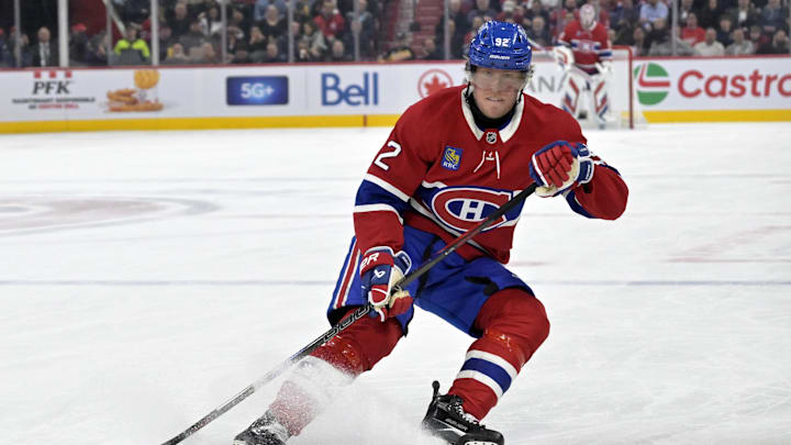 Apr 8, 2025; Montreal, Quebec, CAN; Montreal Canadiens forward Patrik Laine (92) puts on the brakes during the second period of the game against the Detroit Red Wings at the Bell Centre. Mandatory Credit: Eric Bolte-Imagn Images