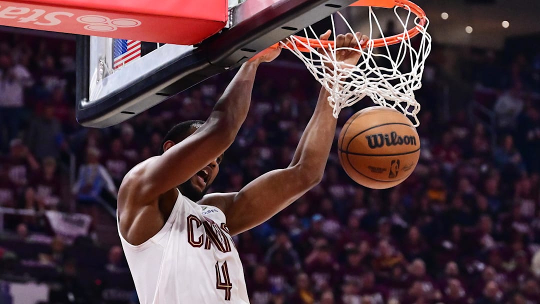 May 4, 2025; Cleveland, Ohio, USA; Cleveland Cavaliers forward Evan Mobley (4) dunks during the second half against the Indiana Pacers in game one of the second round for the 2025 NBA Playoffs at Rocket Arena. Mandatory Credit: Ken Blaze-Imagn Images
